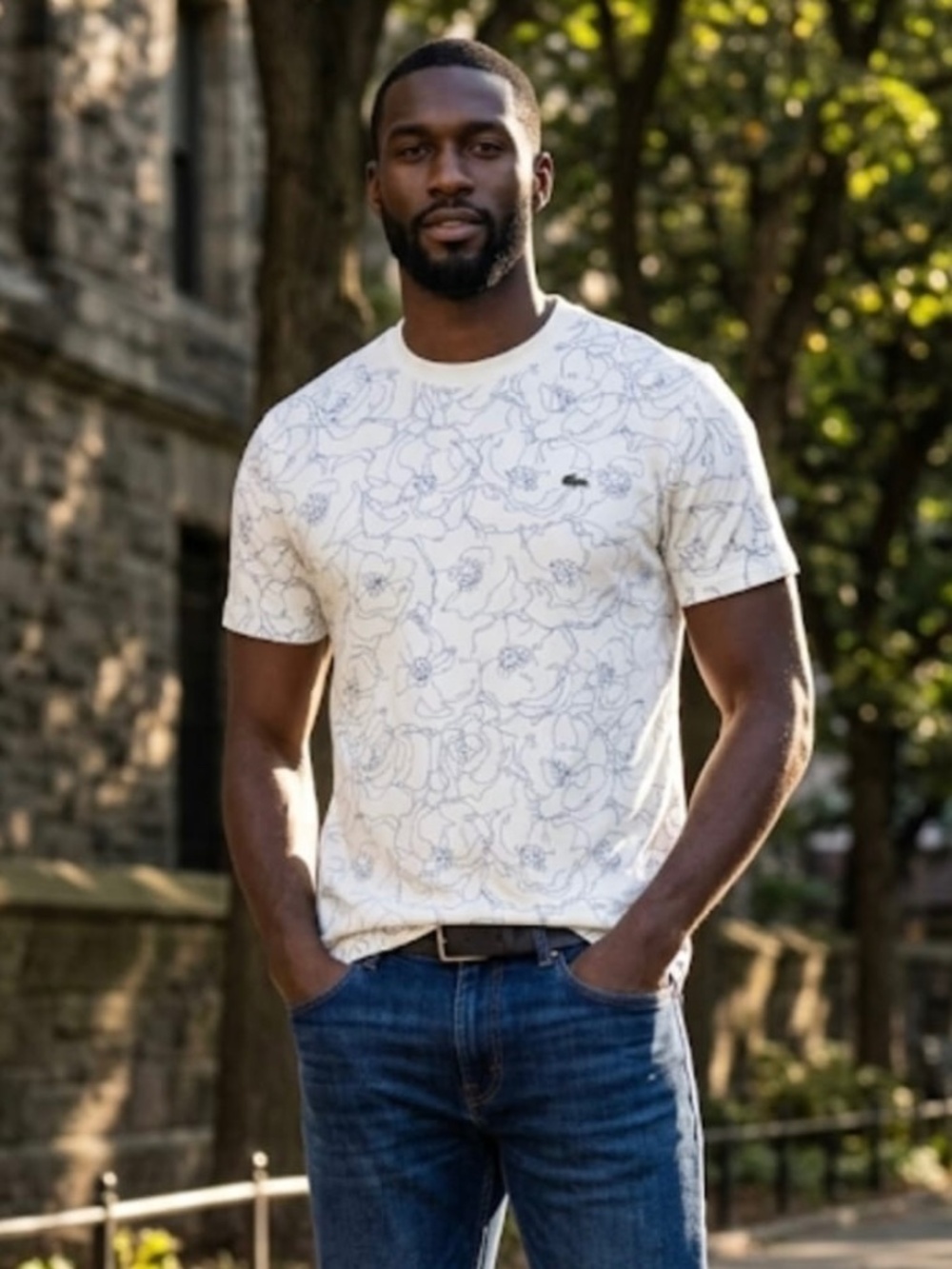 Lacoste White T-Shirt with Green Pattern NWT